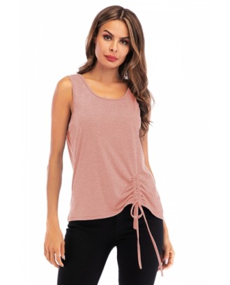 Plus Size Crew Neck Cinched Plain Casual Tank Top Pink