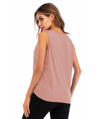 Plus Size Crew Neck Cinched Plain Casual Tank Top Pink
