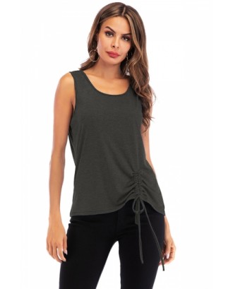 Plus Size Crew Neck Cinched Plain Casual Tank Top Dark Gray