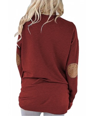 Crew Neck Long Sleeve Kangaroo Pocket Loose Print Sweatshirt Ruby