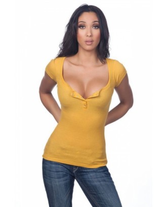 Womens Beautiful Plain Plunging Neckline Short Sleeve T Shirt Yellow