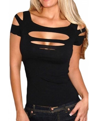 Black Cold Shoulder Cut Out Strappy Tee Shirt