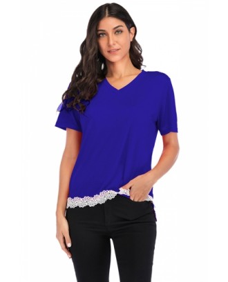 V Neck Plain Floral Print Casual T-Shirt Sapphire Blue