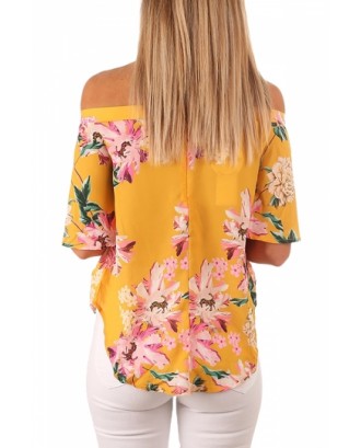 Half Sleeve Off Shoulder Floral Print Loose Blouse Yellow