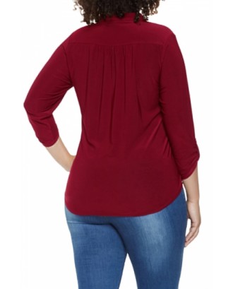 Plus Size 3/4 Sleeve Zip Up Pleated Loose Plain Blouse Ruby