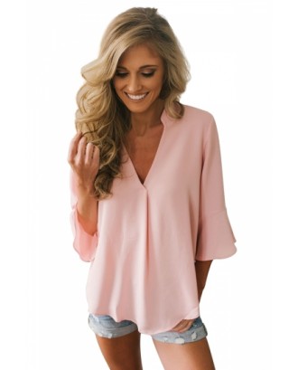 Fashion V Neck Bell Sleeve Loose Plain Blouse Pink
