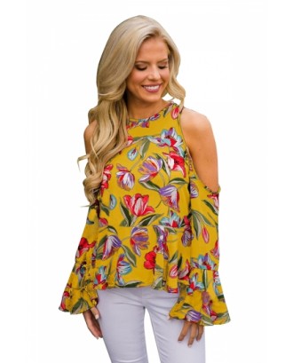 Beautiful Cold Shoulder Long Sleeve Floral Print Loose Blouse Yellow