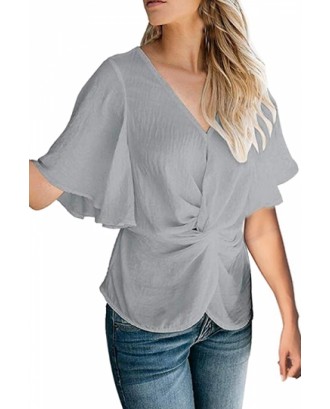 V Neck Bell Sleeve Pleated Twist Blouse Gray