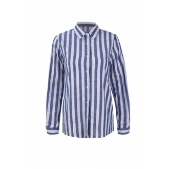 Turndown Collar Long Sleeve Buttons Designed Striped Loose Blouse Blue
