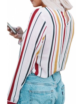 Fashion Long Sleeve Tie Neck Loose Colorful Striped Blouse Yellow