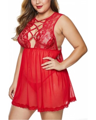 Plus Size Open Back Babydoll With Thong Red
