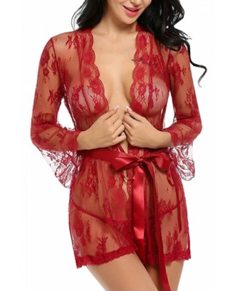 Beautiful Long Sleeve Waist Tie Lace Sheer Babydoll With Thong Red