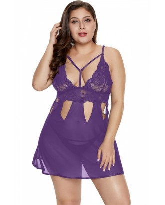 Plus Size Cut Out Sheer Lace Babydoll With Thong Purple