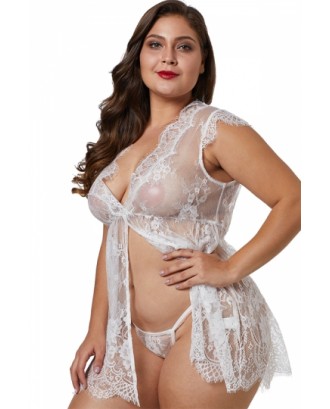 Beautiful Sheer Floral Lace Plus Size Babydoll With Thong White