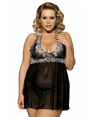 Plus Size Halter V Neck Backless Sheer Lace Babydoll With Thong Black