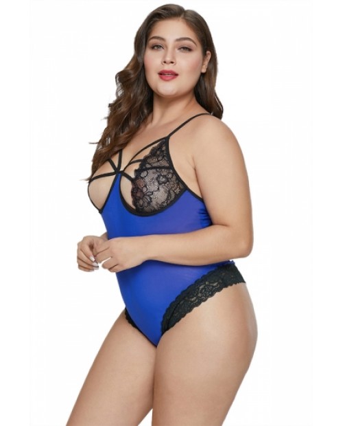 Beautiful Strappy Cut Out Lace Cup Sheer Plus Size Teddy Blue