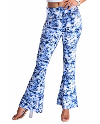 Womens Digital Printed High Waist Flare Bottom Pants Blue