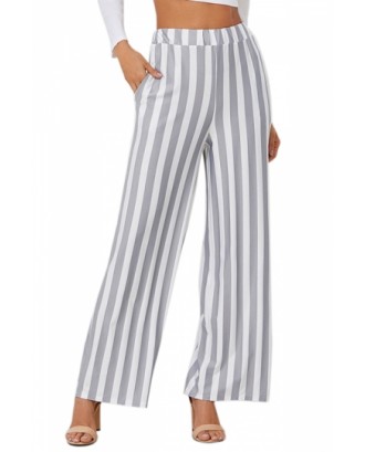 Fashion Pocket Striped Print Wide Leg Pants Gray