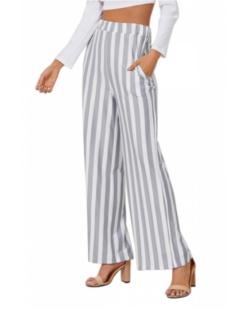Fashion Pocket Striped Print Wide Leg Pants Gray