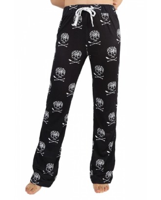 Womens Skull Printed Straight Wide Leg Loungewear Pants Black