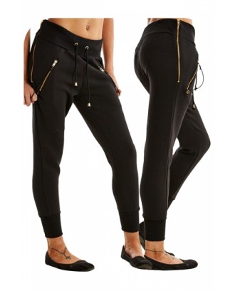 Womens Zipper Tight Drawstring Sports Wear Pants Black