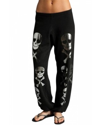Womens Halloween Skull Printed Loose Leisure Pants Black