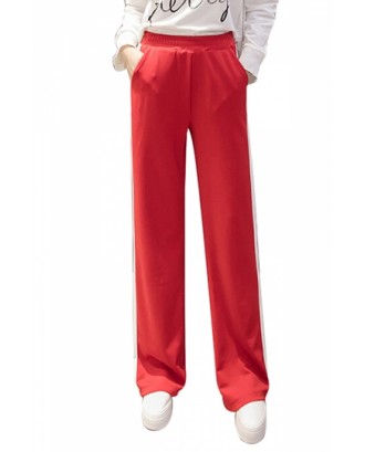 Womens Casual Side Stripe Straight Wide Leg Leisure Pants Red