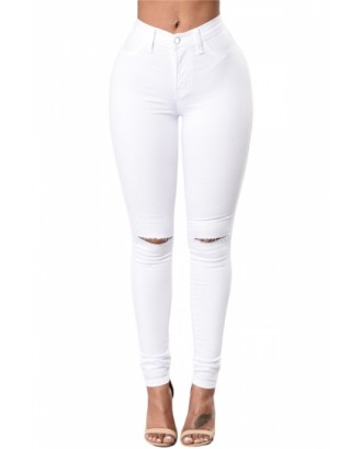 Fashion Mid Rise Knee Cut Out Plain Skinny Stretchy Jeans White