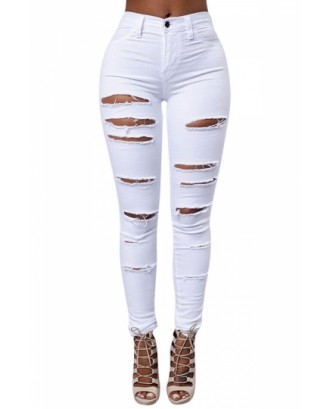 Womens Beautiful Cut Out Ripped Plain Denim Jeans White