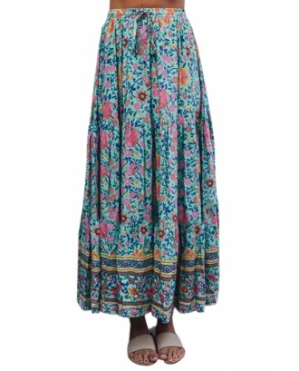 Bohemian Elastic Waist Floral Print Maxi Skirt Blue