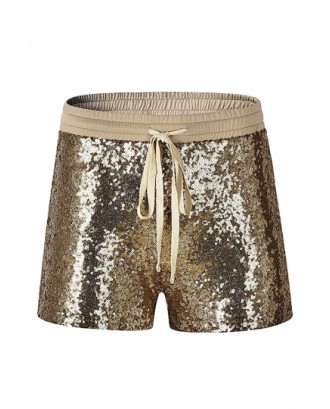 Fashion Elastic Drawstring Sequin Plain Shorts Gold