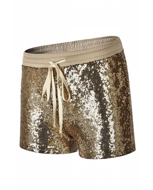 Fashion Elastic Drawstring Sequin Plain Shorts Gold