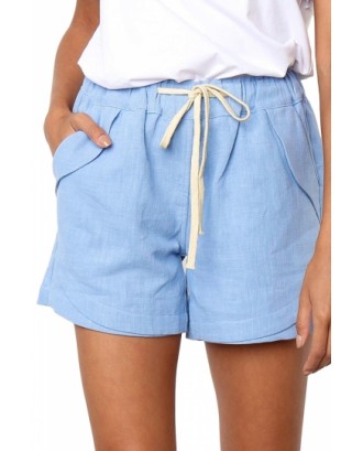 Casual Drawstring Pocket Plain Shorts Light Blue