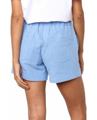 Casual Drawstring Pocket Plain Shorts Light Blue