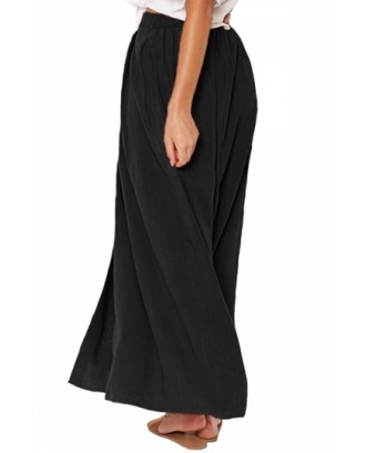 Button Front Pocket Pleated Maxi Skirt Black