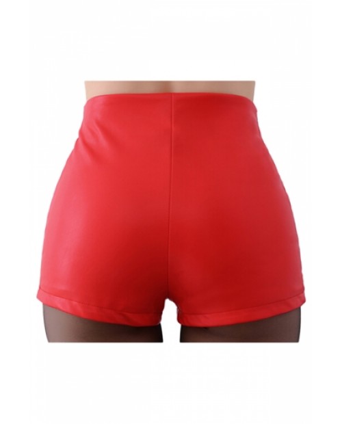 Womens Skinny High Waisted Asymmetric Hem Zipper Leather Shorts Red
