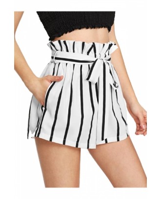 High Waisted Belted Striped Pocket Ruffle Shorts White